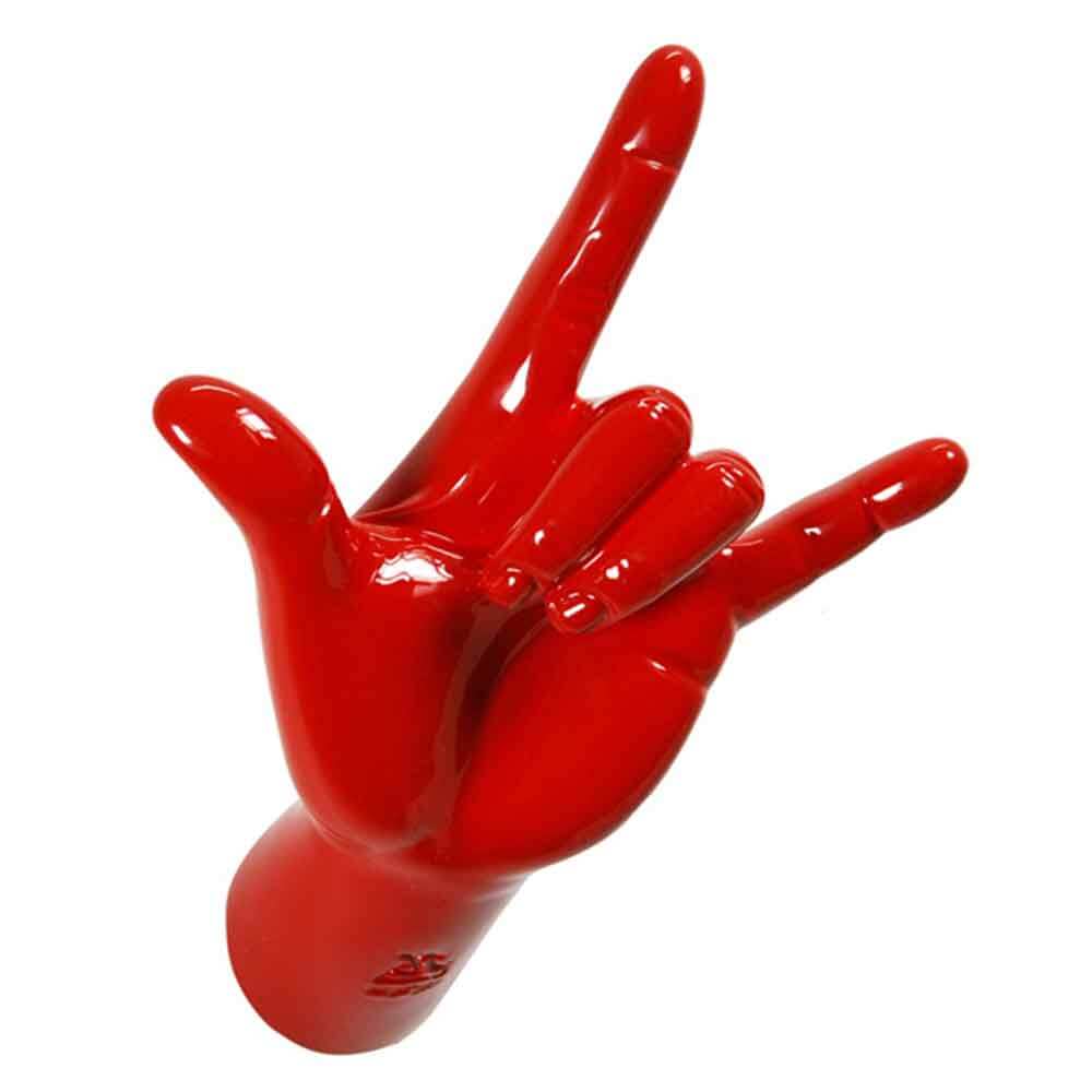 A red sculptural hand, one of the objects selected by e-Italy
